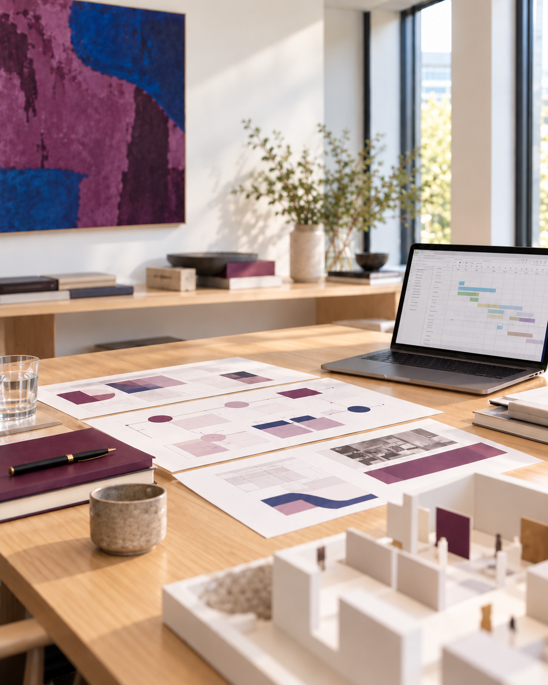 Illustrative project planning workspace with milestones and an exhibition model